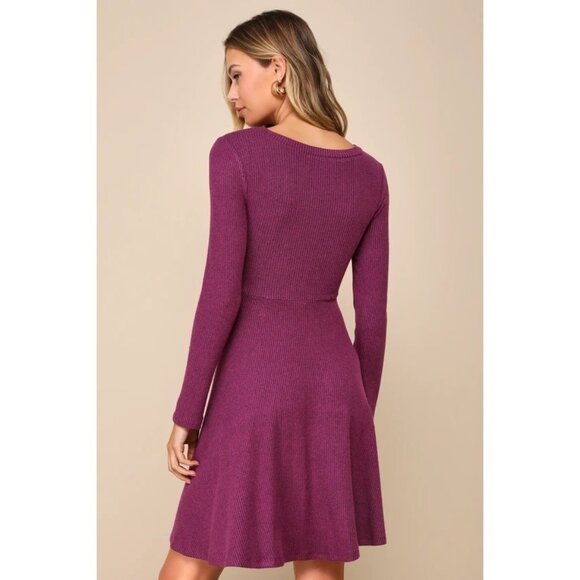 Lulus Fit and Fair Mauve Purple Long-Sleeve Ribbed Knit Skater Dress Small - Picture 2 of 14
